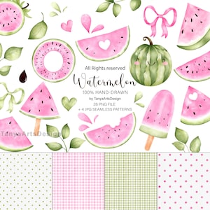 Ilustração de melancia em aquarela desenhada à mão, "One in a Melon Birthday" em PNG, ilustrações de frutas de verão, melancia rosa doce (download digital)