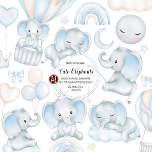 Puede incluir: Una colecci&oacute;n digital de ilustraciones estilo acuarela con elefantes de color azul claro y gris, globos aerost&aacute;ticos, arco&iacute;ris, nubes, estrellas y lunas. El texto central dice Not For Resale Cute Elephants 100% HAND DRAWN BY TANYAARTSDESIGN.