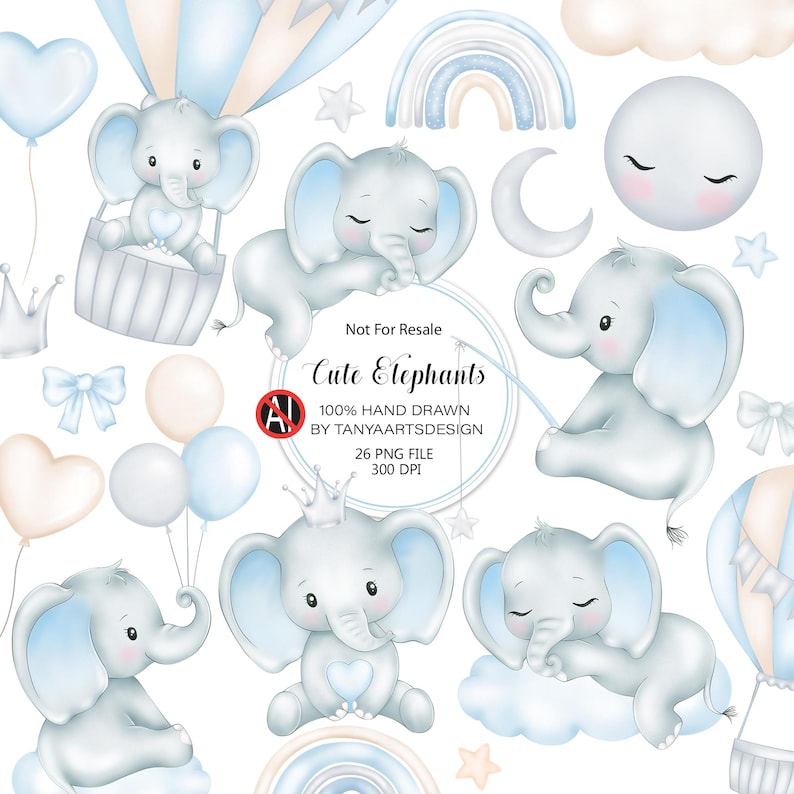 Puede incluir: Una colecci&oacute;n digital de ilustraciones estilo acuarela con elefantes de color azul claro y gris, globos aerost&aacute;ticos, arco&iacute;ris, nubes, estrellas y lunas. El texto central dice Not For Resale Cute Elephants 100% HAND DRAWN BY TANYAARTSDESIGN.