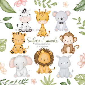 Akwarela safari zwierzęta clipart, słodkie dziecko safari zwierzęta clipart PNG, dżungla clipart, Afryka zwierzęta ilustracja, cyfrowe pobieranie