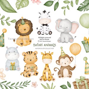 Imágenes prediseñadas de animales de safari de acuarela, lindos animales de safari bebé clipart PNG, imágenes prediseñadas de la selva, ilustración de animales de África, descarga digital