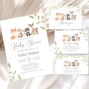Editable woodland baby shower invitation, woodland baby shower bundle, forest animals baby shower invitation welcome sign, woodland theme