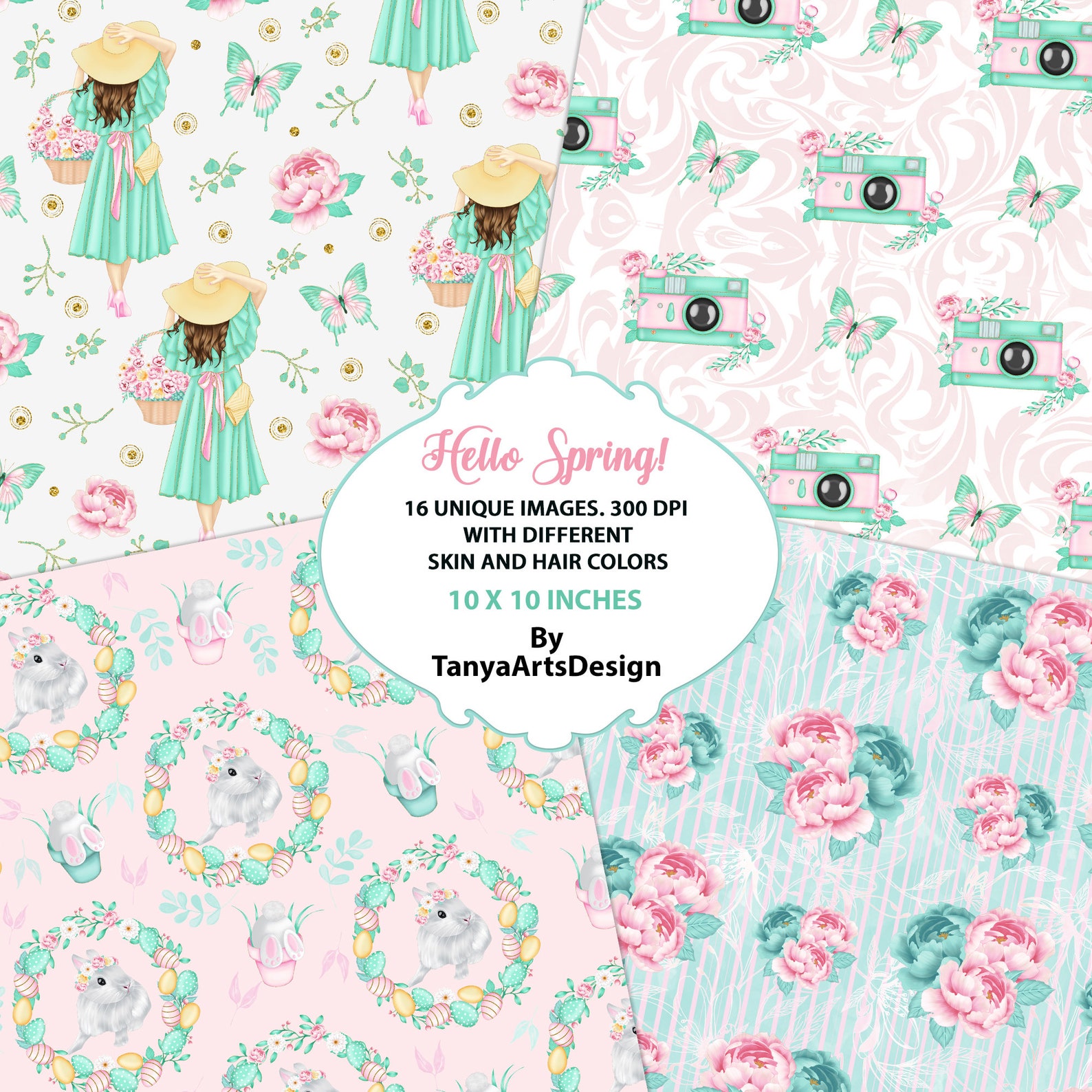 Spring digital paper hello spring digital pack Easter | Etsy