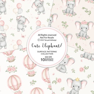 May include: A digital paper pack with 10 seamless patterns featuring cute cartoon elephants in various poses. The patterns are in pink, gray, and green on a white background. The text "Cute Elephant!" is in a pink circle with a white outline.