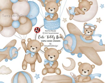 Clipart de oso de peluche de acuarela para niño, clipart de baby shower de acuarela, clipart de oso de peluche azul, oso de peluche vintage, clipart de osito de peluche lindo