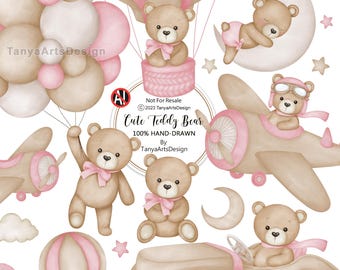 Imágenes prediseñadas de ositos de peluche en acuarela para niña, imágenes prediseñadas de ositos de peluche en acuarela para baby shower, imágenes prediseñadas de ositos de peluche rosas, ositos de peluche vintage, linda ilustración de osito de peluche