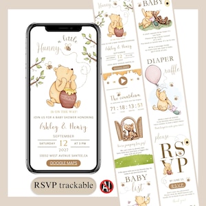 May include: A digital baby shower invitation featuring Winnie the Pooh illustrations. The invitation on a phone screen includes the text "Hunny" and details for Ashley & Henry's baby shower on September 12, 2027. Additional inserts include RSVP and diaper raffle details.