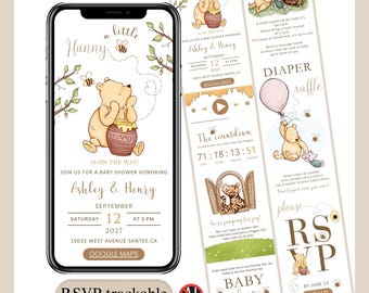 Winnie the Pooh Baby Shower Video Invitation, Editable Neutral Little Honey invite Animated, Classic Pooh Invite website with RSVP, Canva