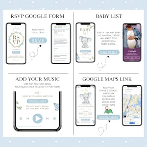May include: A digital invitation design featuring smartphone mockups. The design includes RSVP, baby list, music, and Google Maps links. The baby shower theme is accented with blue floral elements and an elephant graphic.