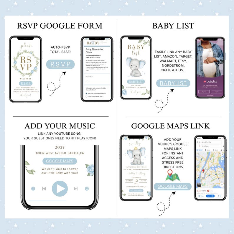 May include: A digital invitation design featuring smartphone mockups. The design includes RSVP, baby list, music, and Google Maps links. The baby shower theme is accented with blue floral elements and an elephant graphic.