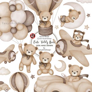 May include: Watercolor illustration featuring cute teddy bears with balloons, airplanes, hot air balloons, and a car. The bears are in various poses, some with bows, and the text "Cute Teddy Bear" is included. The color palette is soft browns and tans.