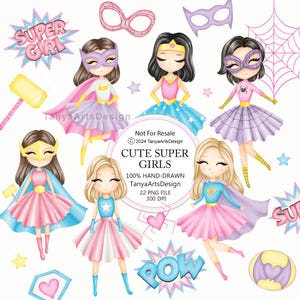 super girl clipart, Cute superhero girl clipart, watercolor superhero girls, power girl, illustration, PNG, pink super hero girl, pastel