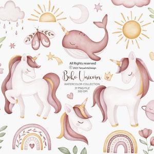 Unicorn clipart, watercolor unicorn clipart, sun shine clipart, Boho Rainbow Watercolor clipart, boho unicorn, whale, PNG, illustration
