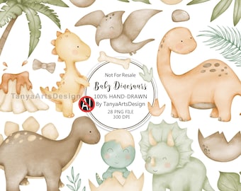 Imágenes prediseñadas de dinosaurios en acuarela, imágenes prediseñadas de dinosaurios lindos en formato PNG, imágenes prediseñadas de dinosaurios bebés en acuarela, ilustración de dinosaurios estilo boho, descarga digital.