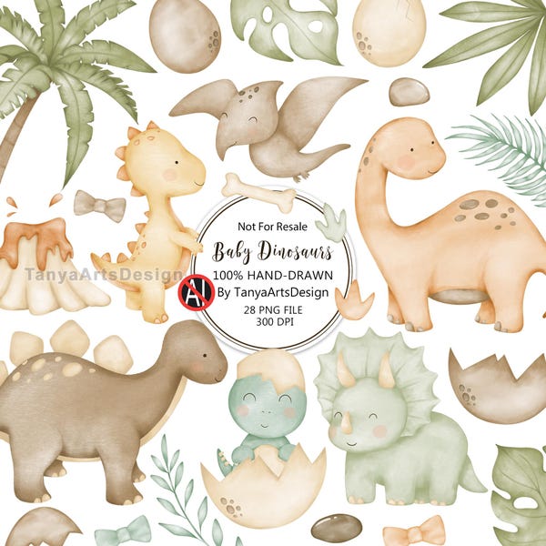 Imágenes prediseñadas de dinosaurios en acuarela, imágenes prediseñadas de dinosaurios lindos en formato PNG, imágenes prediseñadas de dinosaurios bebés en acuarela, ilustración de dinosaurios estilo boho, descarga digital.