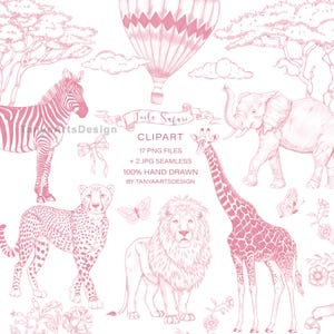 Safari animals clipart, Toile de Jouy jungle animals clipart, Africa lion lineart, Pink Chinoiserie seamless illustration, Pink baby shower
