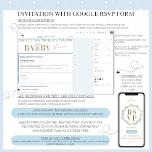 May include: A digital invitation template for a baby shower, featuring a Google RSVP form. The design includes a baby elephant graphic and floral accents. The invitation is customizable with the ability to add photos and edit text. The RSVP form is automated.
