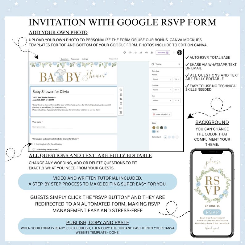 May include: A digital invitation template for a baby shower, featuring a Google RSVP form. The design includes a baby elephant graphic and floral accents. The invitation is customizable with the ability to add photos and edit text. The RSVP form is automated.