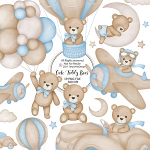 Watercolor Teddy bear clipart for boy, Watercolor baby shower clipart, blue Teddy bear clipart, vintage teddy bear, cute teddy clipart