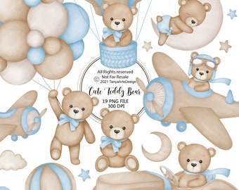 Clipart di orsacchiotto dell'acquerello per ragazzo, clipart di baby shower dell'acquerello, clipart di orsacchiotto blu, orsacchiotto vintage, clipart di orsacchiotto carino