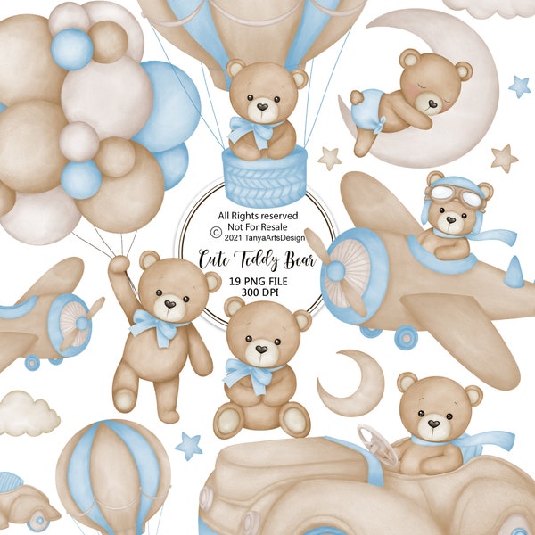 Aquarell Teddybär Clipart für Jungen, Aquarell Baby-Dusche Clipart, blauer Teddybär Clipart, Vintage Teddybär, niedlicher Teddy Clipart