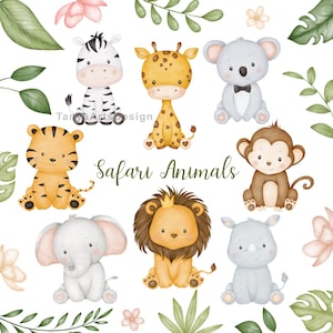 Imágenes prediseñadas de animales de safari de acuarela, lindos animales de safari bebé clipart PNG, imágenes prediseñadas de la selva, ilustración de animales de África, descarga digital