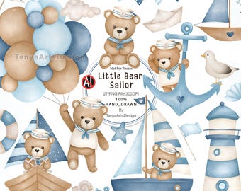 May include: Watercolor illustration featuring a nautical theme with teddy bears dressed as sailors. The image includes sailboats, anchors, balloons, a lighthouse, and the text "Little Bear Sailor". The color palette consists of blue, brown, and white.