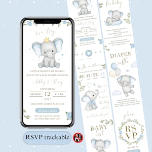 May include: A digital baby shower invitation on a smartphone screen, featuring a blue and white elephant illustration. The invitation includes event details, RSVP information, and a countdown timer. Additional design elements include floral accents and text.