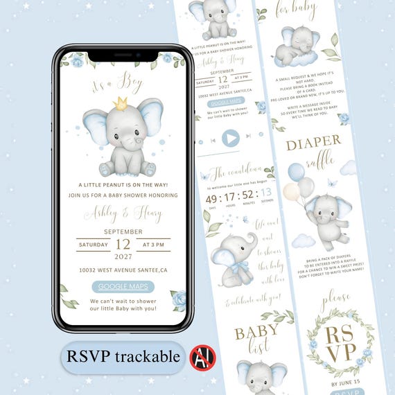 Little Peanut Baby Shower Invitation Animated, Editable Blue Elephant boy Baby Shower Video Invite with Online RSVP Tracker, Canva template
