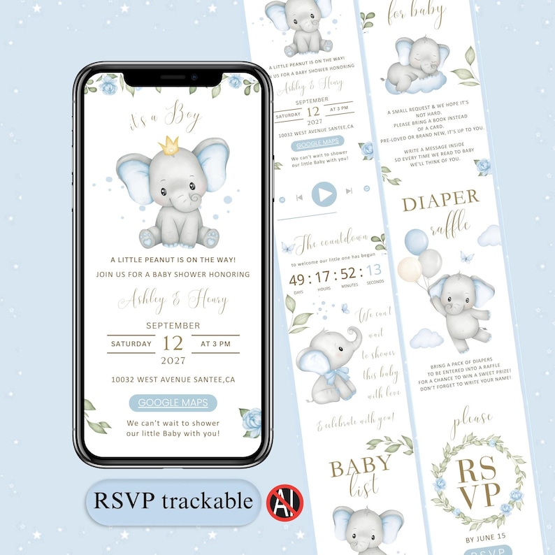 May include: A digital baby shower invitation on a smartphone screen, featuring a blue and white elephant illustration. The invitation includes event details, RSVP information, and a countdown timer. Additional design elements include floral accents and text.