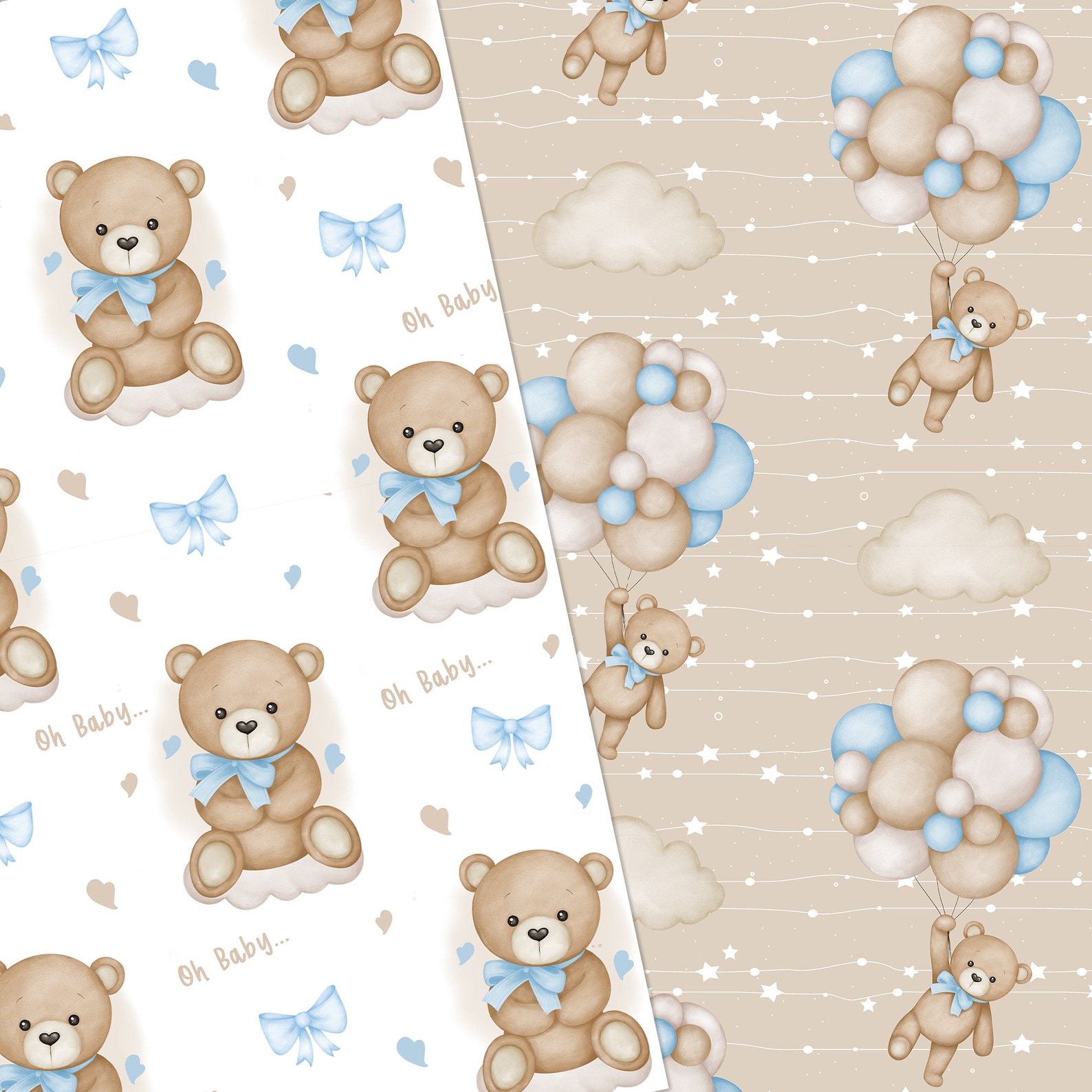 Blue Teddy Bear Digital Paper, Watercolor Seamless Patterns (digital ...