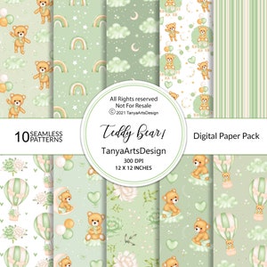 Set di carta digitale Teddy Bear, carta digitale per neonato, modello digitale per baby shower, pacchetto di carta per neonato Sfondo digitale per asilo nido verde