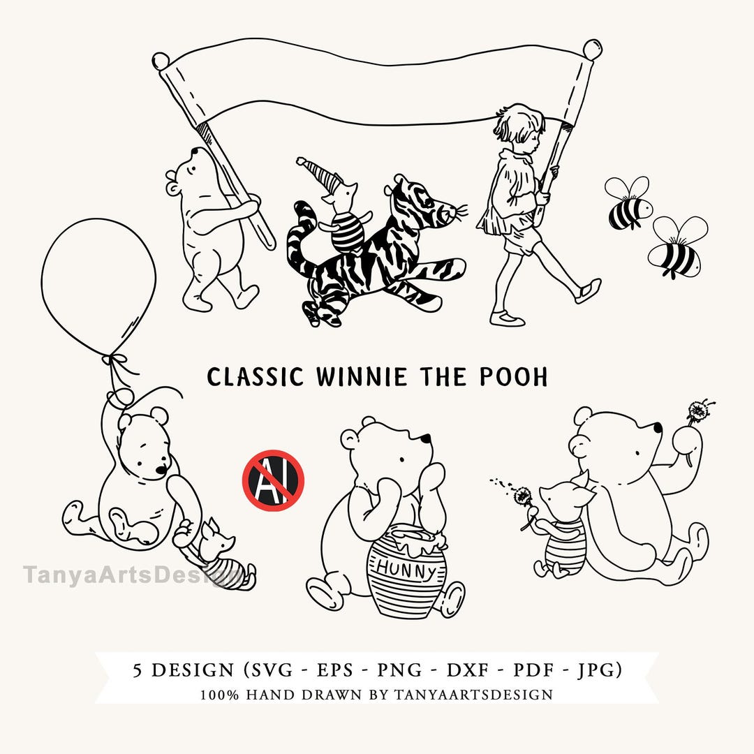 Classic Winnie the Pooh SVG Clipart, Hand-drawn Minimalist Pooh