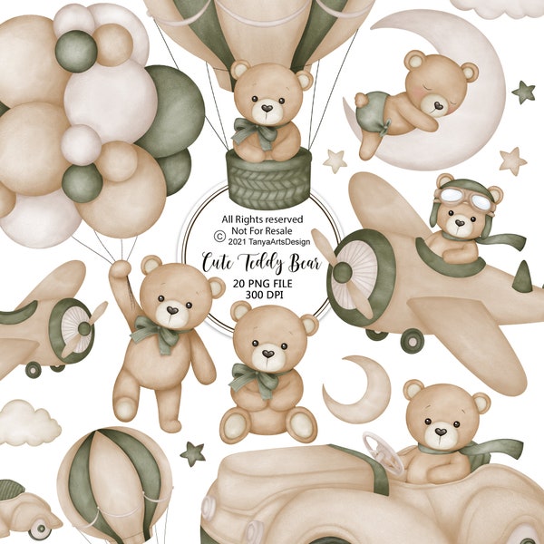 Watercolor Teddy bear clipart, Watercolor baby shower clipart, green Teddy bear clipart, vintage teddy bear, cute teddy clipart, little bear