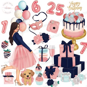 Birthday girl clipart, fashion girl birthday celebration illustration, birthday girl planner stickers, number balloons clipart