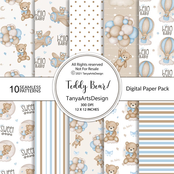 blue teddy bear digital paper, watercolor teddy bear seamless, nursery baby paper, boho teddy bear fabric, teddy bear scrapbook for boy