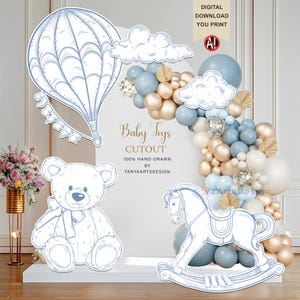 Blue Toile de Jouy Baby Shower Cutouts: Baby Toys, Teddy Bear, Hot Air Balloon, Rocking Horse, Fancy Baby Shower Party  (Digital Download)
