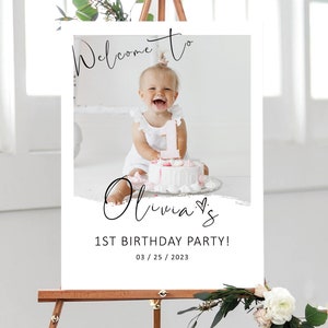 Cartel de bienvenida del 1er cumpleaños, cartel de bienvenida editable del primer cumpleaños, cartel de bienvenida editable del primer cumpleaños del bebé con foto imprimible