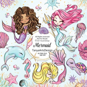 Mermaid clipart, underwater Clip Art, Cute mermaids dolls, under the sea, cute ocean animals clipart, mermaid planner stickers, seashells