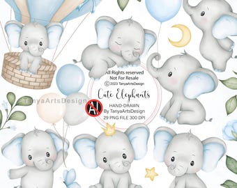 Imágenes prediseñadas de elefante bebé azul, PNG de cacahuete dibujado a mano, gráficos para baby shower de niño, arte de elefante azul y plateado para guardería (descarga digital).