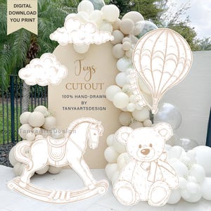 Puede incluir: Una descarga digital con un diseño recortado beige con un caballito balancín, un oso de peluche y un globo aerostático. El fondo incluye globos y el texto "Toys CUTOUT 100% HAND-DRAWN BY TANYAARTSDESIGN".
