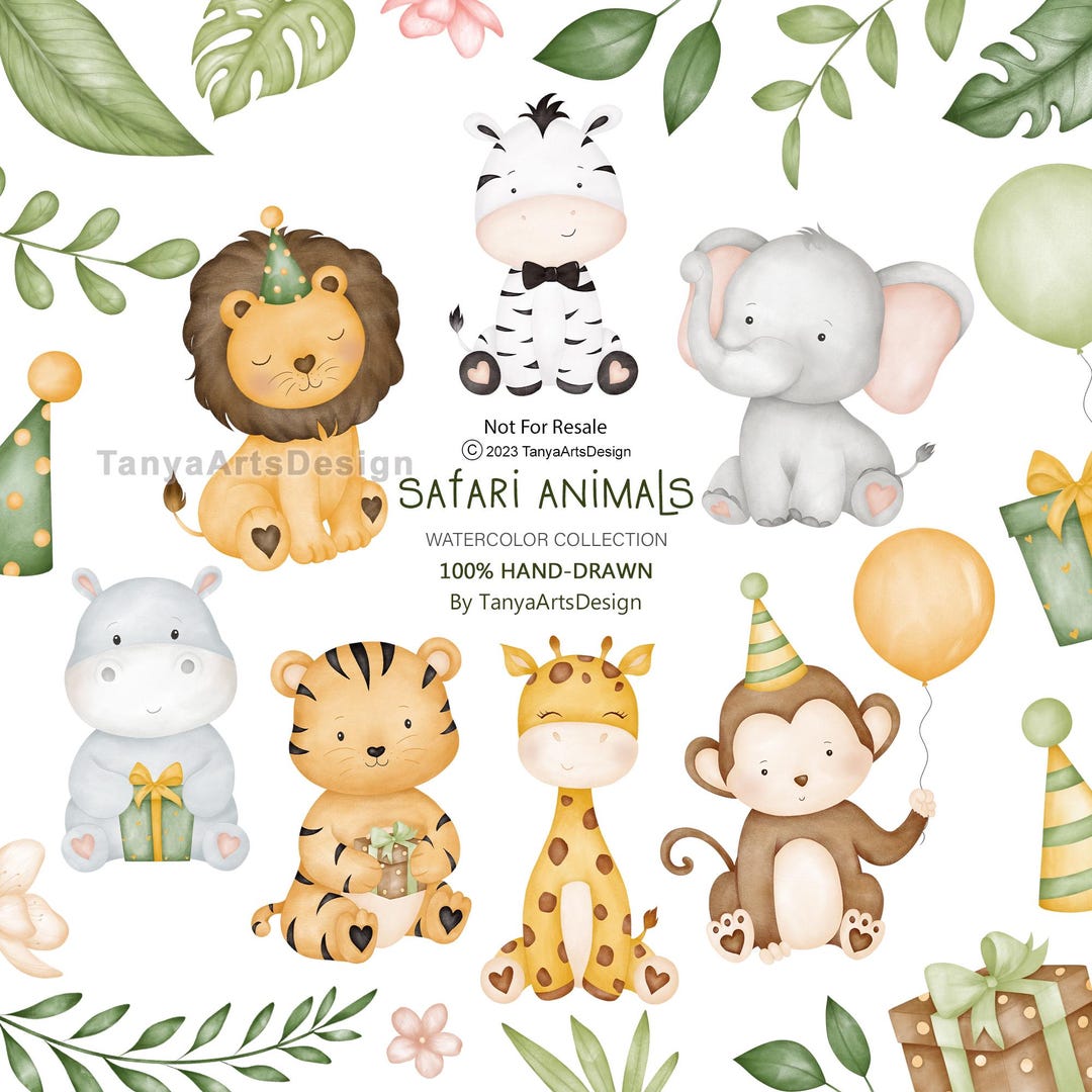Cute Jungle Safari Animals Clipart, Wild One Birthday Animals With Hats ...