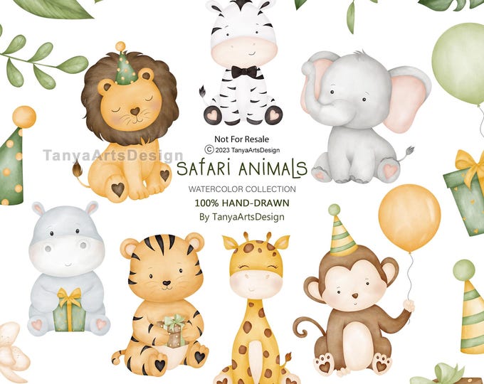 Watercolor Cute Safari Animals Clipart, Jungle Safari Animal Nursery ...