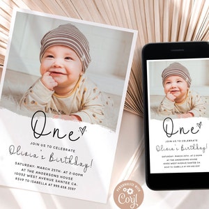 1st birthday invitation, modern first birthday invitation, editable 1st birthday invitation, text massage invitation, with photo, minimalist