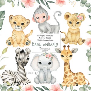 Animales de la selva de acuarela, lindos animales bebé Clipart, animales de Safari, leopardo, guepardo, elefante, mono, cebra, león, jirafa, arte infantil