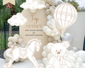 Boho Toile de Jouy Baby Shower Uitknipsels: babyspeelgoed, teddybeer, luchtballon, hobbelpaard babyshower feest (digitale download)
