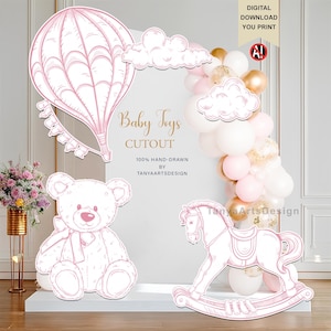 May include: Pink and white baby toy cutouts, including a hot air balloon, clouds, teddy bear, and rocking horse. The text "Baby Toys CUTOUT" is displayed. The design is 100% hand-drawn.