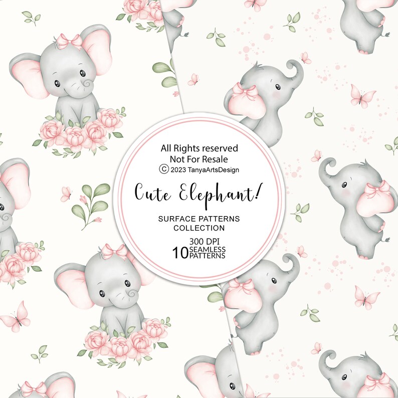 May include: A seamless pattern featuring cute gray elephants with pink bows and pink flowers. The pattern is perfect for baby nursery decor, fabric, and wallpaper.