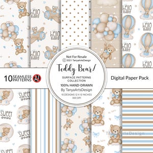 Blue Teddy Bear Seamless pattern Digital Paper, Watercolor baby boy Nursery wallpaper scrapbook