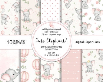 Watercolor Pink Elephant Digital Paper, Seamless Nursery Patterns (Digital Download)